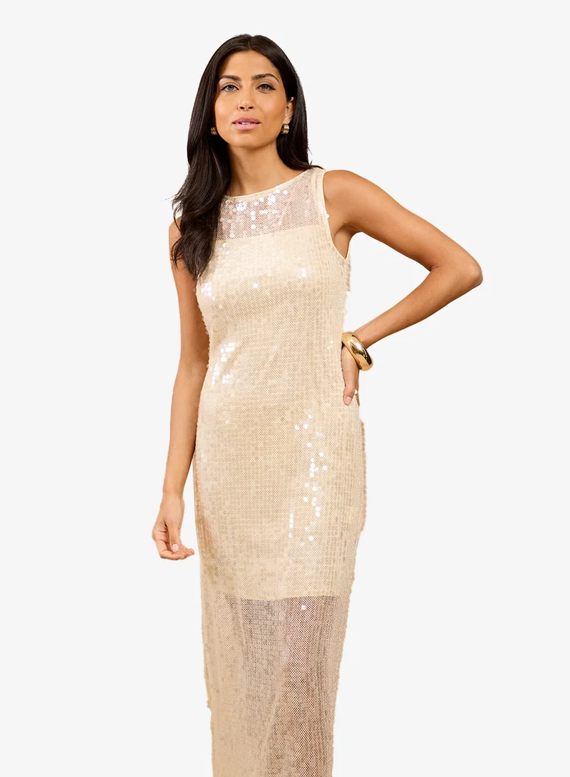 Little Mistress  Champagne Sequin Midi Dress for Women | Best Price UAE